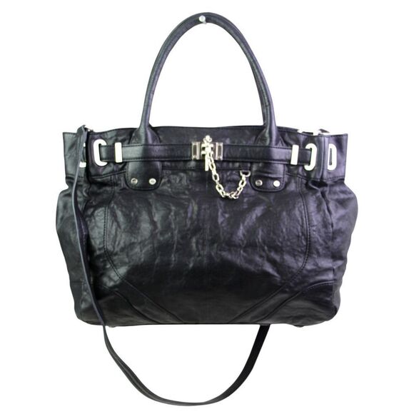 Rachel Zoe BLACK GENUINE LEATHER SHOULDER BAG X-BODY BUSINESS HANDBAG TOTE PURSE - Picture 1 of 16